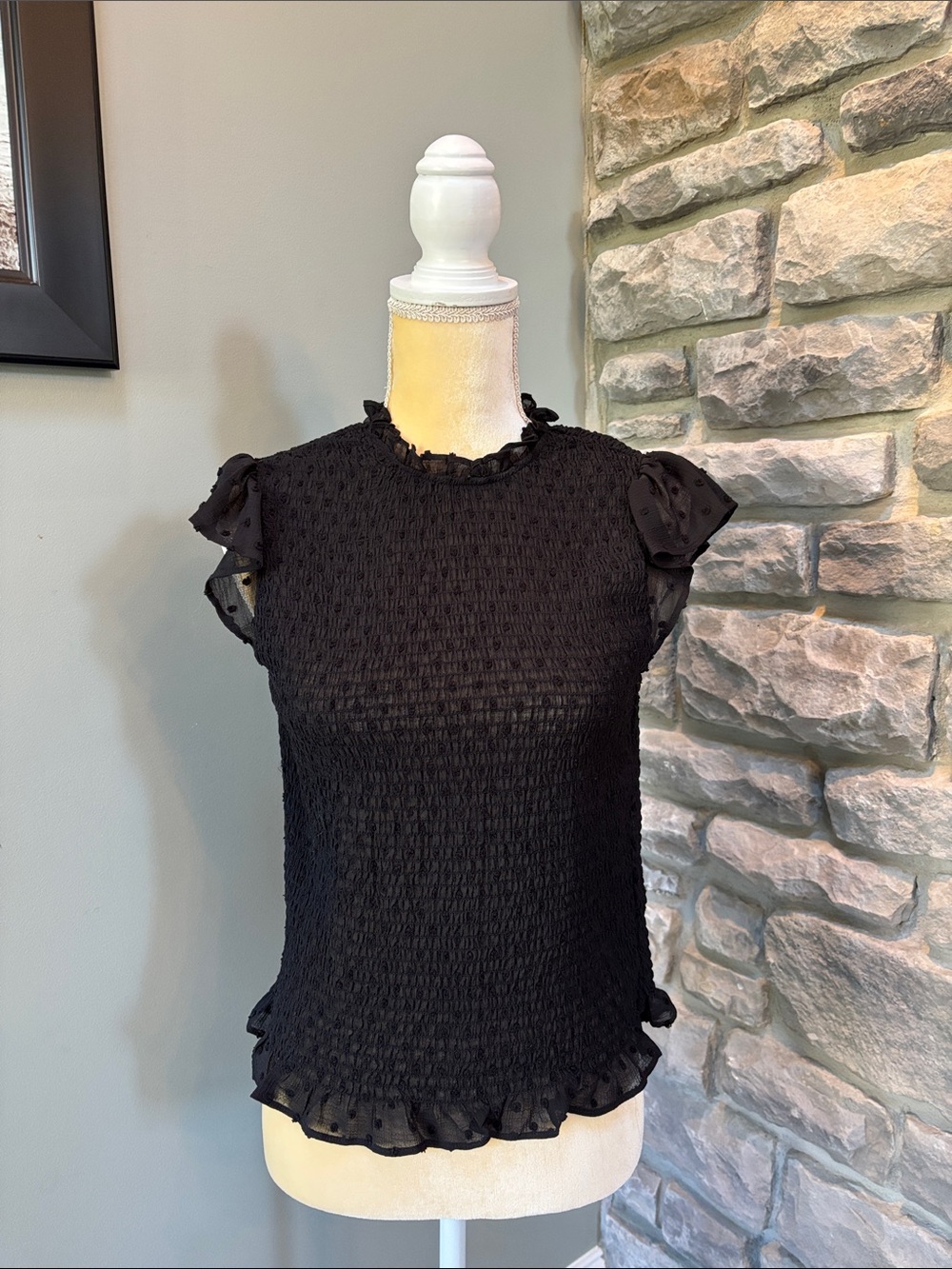 Adrianna Papell Black Smocked Ruffle Sleeve Top, Like New, S